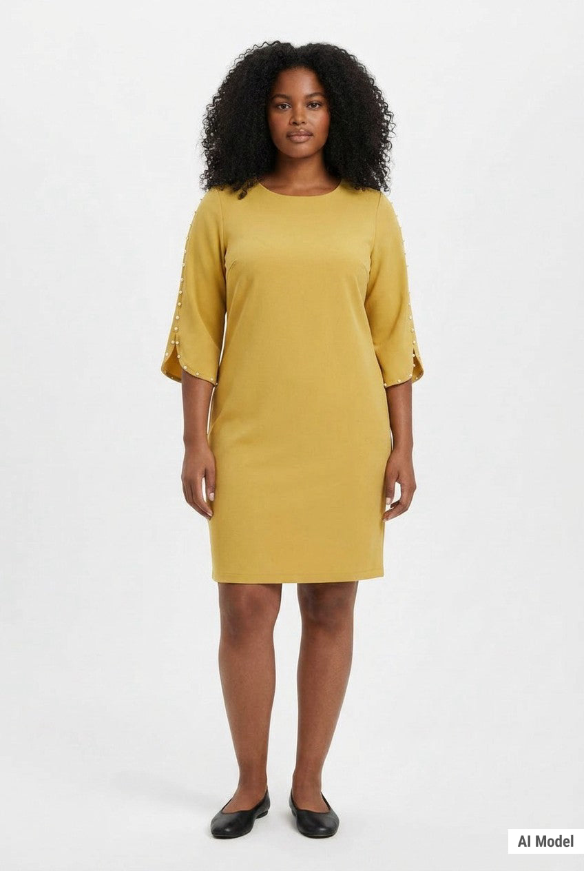 Plus Size 3/4 Pearl-Detail Petal Sleeve Dress Banana / 1X