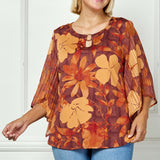 3/4 Kimono Sleeve Cutout Trim Front Neck Mix Media Blouse - Plus