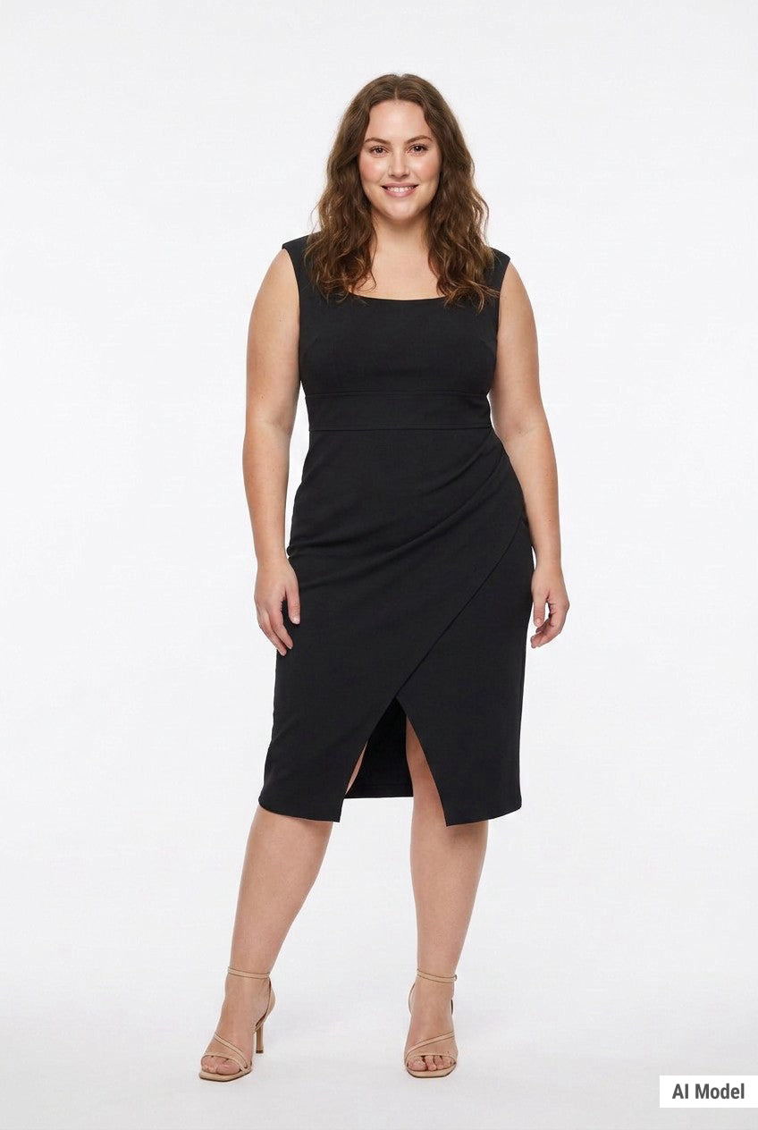 Plus-size model wears a black sleeveless square-neck sheath dress with a front wrap slit and high-waist band; front view.