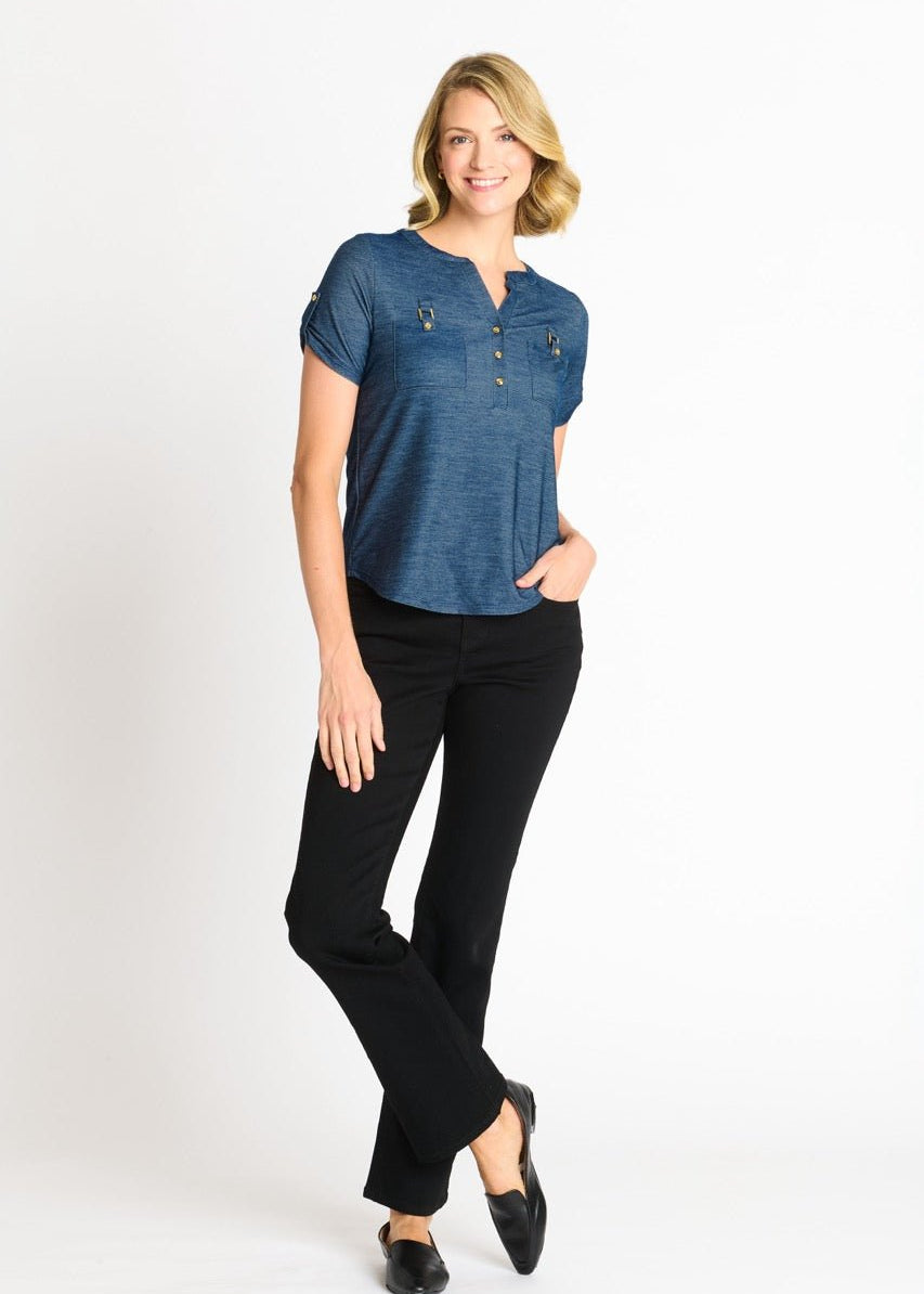 Denim Roll - Tab Buckle Henley - DressbarnBlouses