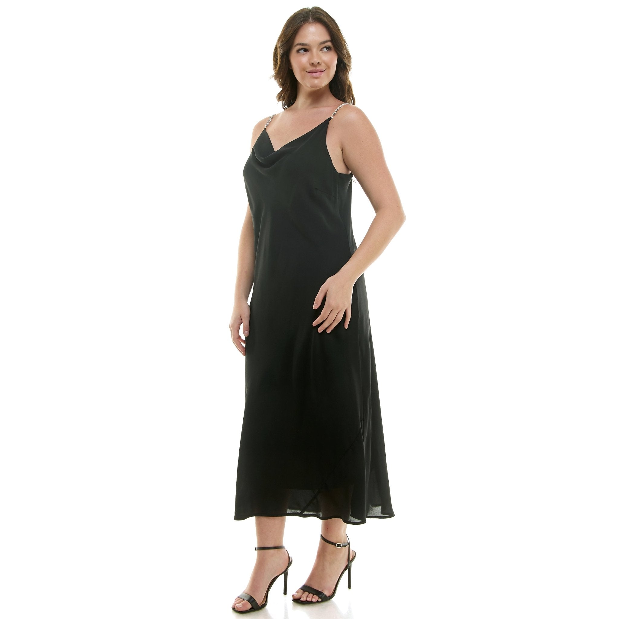 Detachable Chain Trim Strap Cowl Neck Dress, Black - Plus - DressbarnKnee Length & Midi Dresses