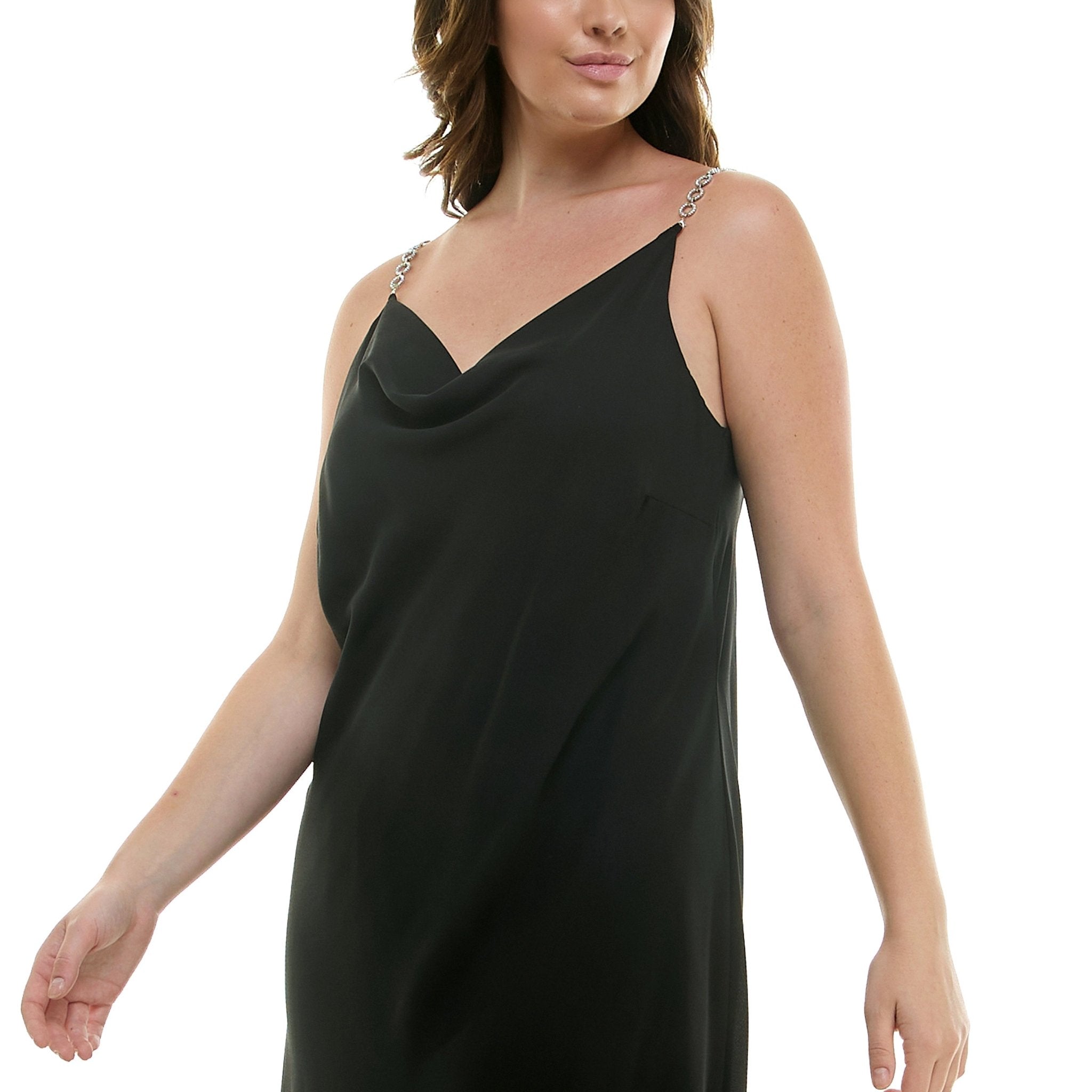 Detachable Chain Trim Strap Cowl Neck Dress, Black - Plus - DressbarnKnee Length & Midi Dresses