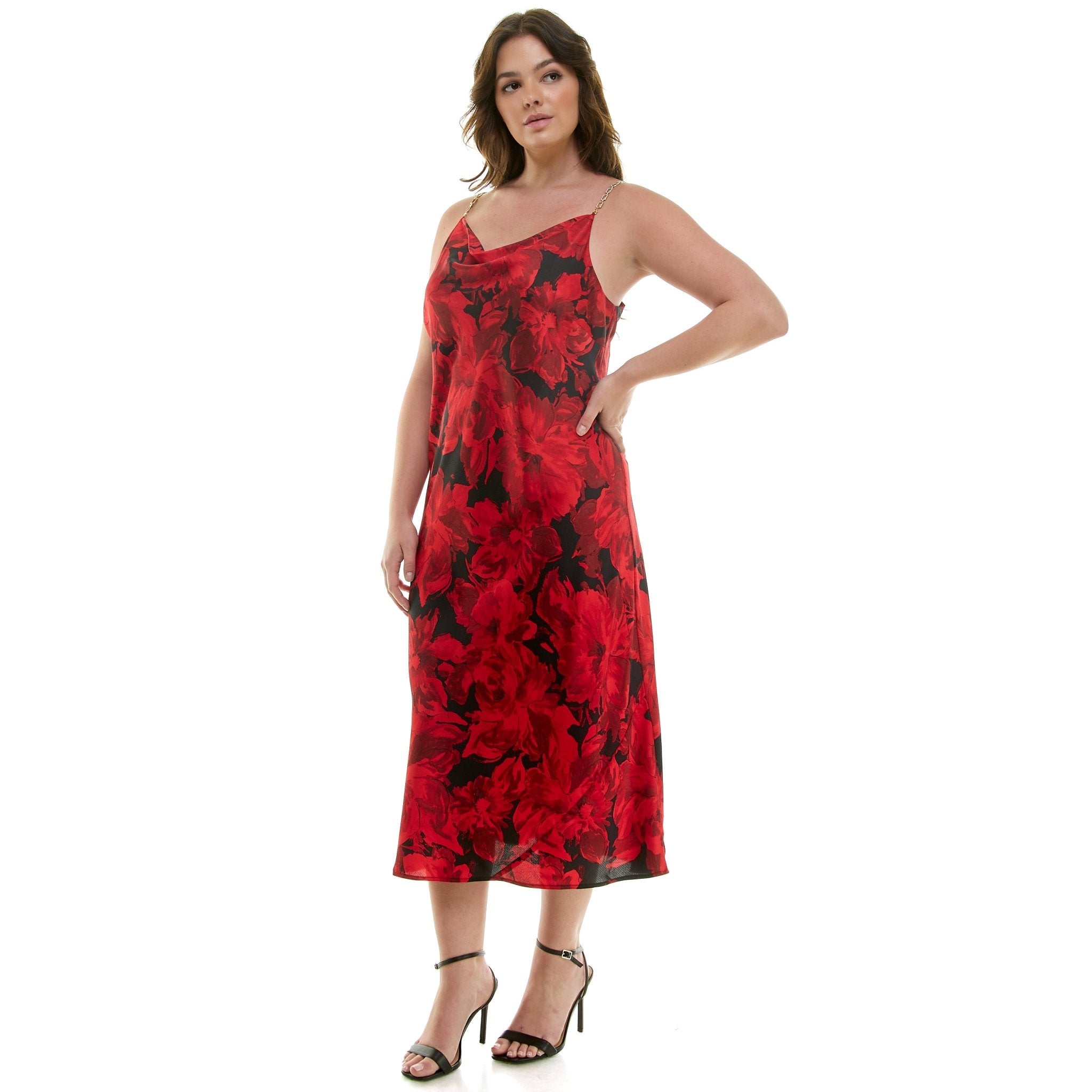 Detachable Chain Trim Strap Cowl Neck Dress, Black & Red - Plus Dressbarn Detachable Chain Trim Strap Cowl Neck Dress, Black & Red - Plus Dressbarn