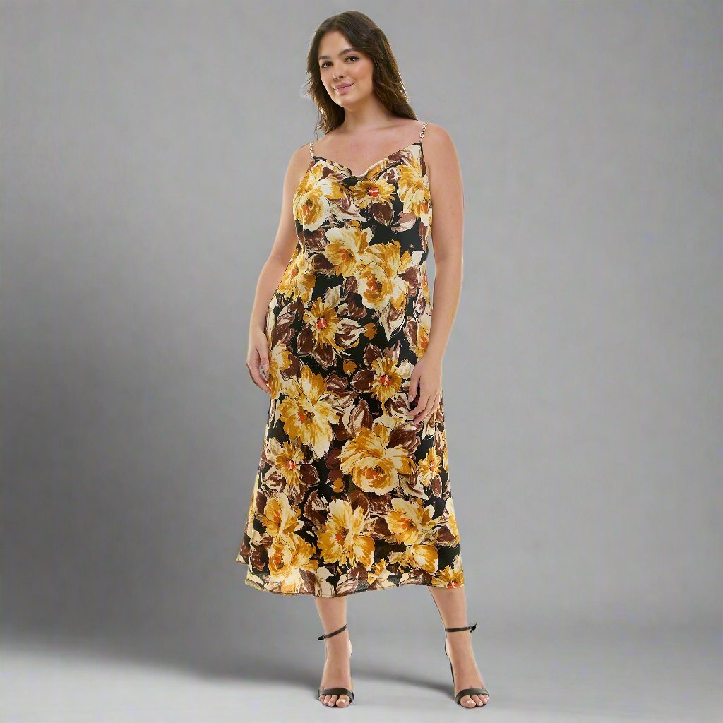 Detachable Chain Trim Strap Cowl Neck Dress, Gold/Olive/Ivory - Plus Dressbarn Detachable Chain Trim Strap Cowl Neck Dress, Gold/Olive/Ivory - Plus Dressbarn