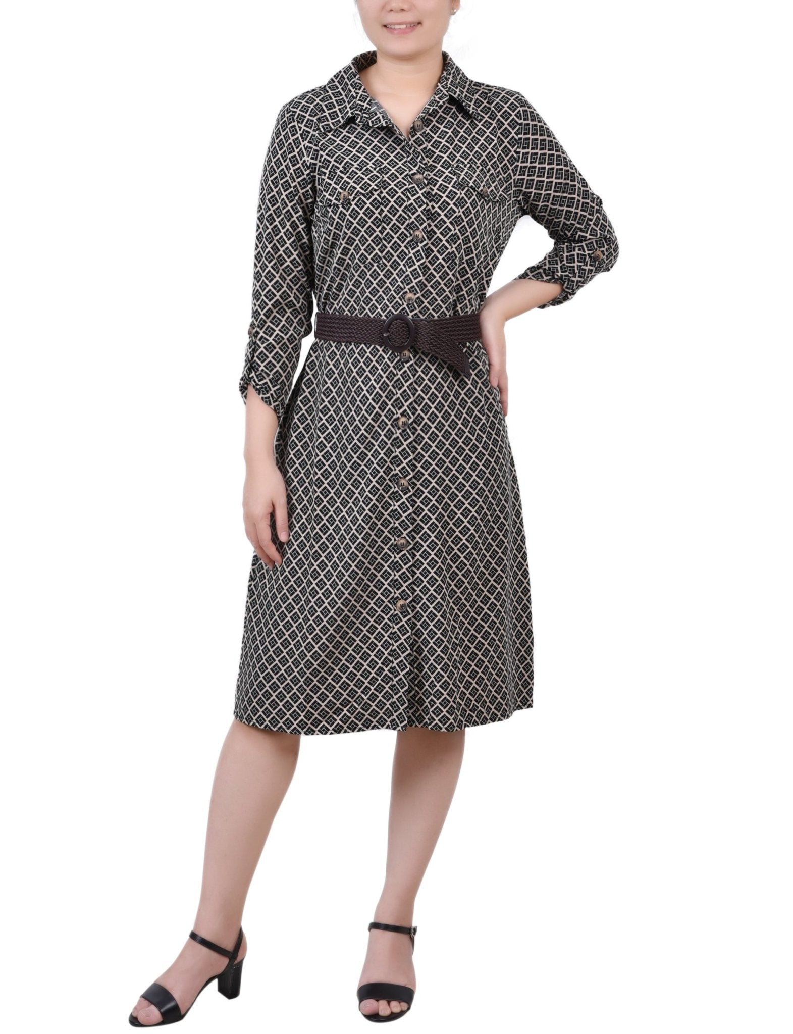 Doeskin Black Allie 3/4 Roll Tab Sleeve Shirtdress - Petite - DressbarnKnee Length & Midi Dresses