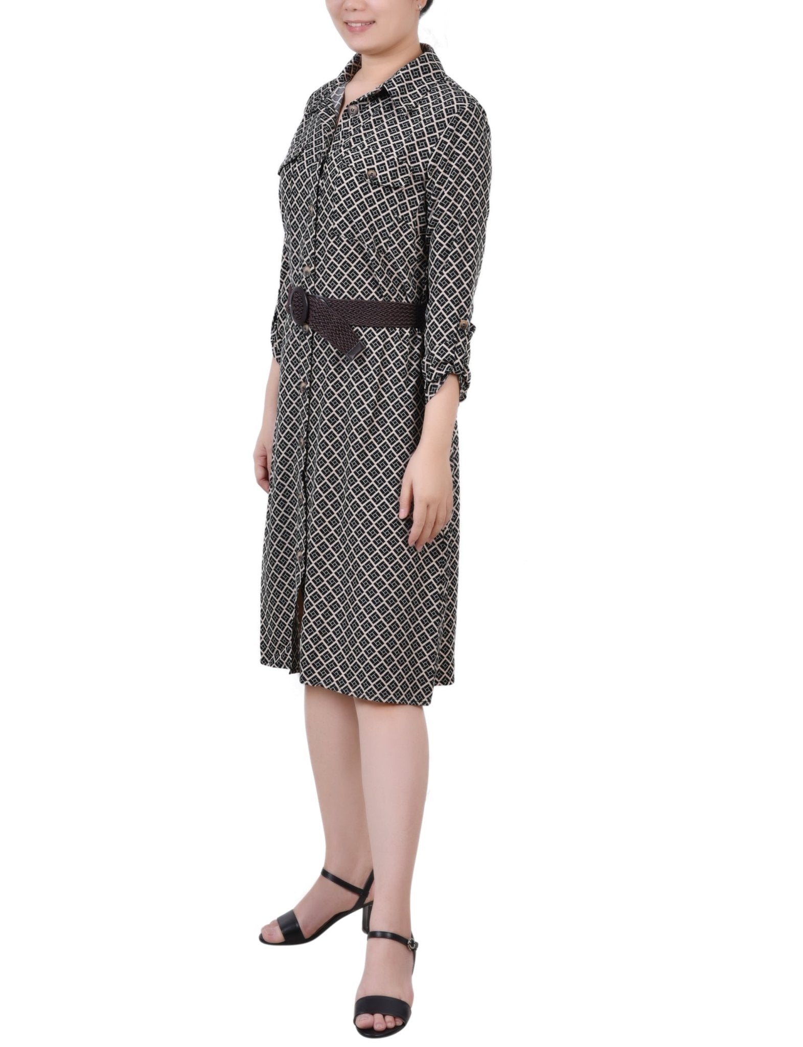 Doeskin Black Allie 3/4 Roll Tab Sleeve Shirtdress - Petite - DressbarnKnee Length & Midi Dresses