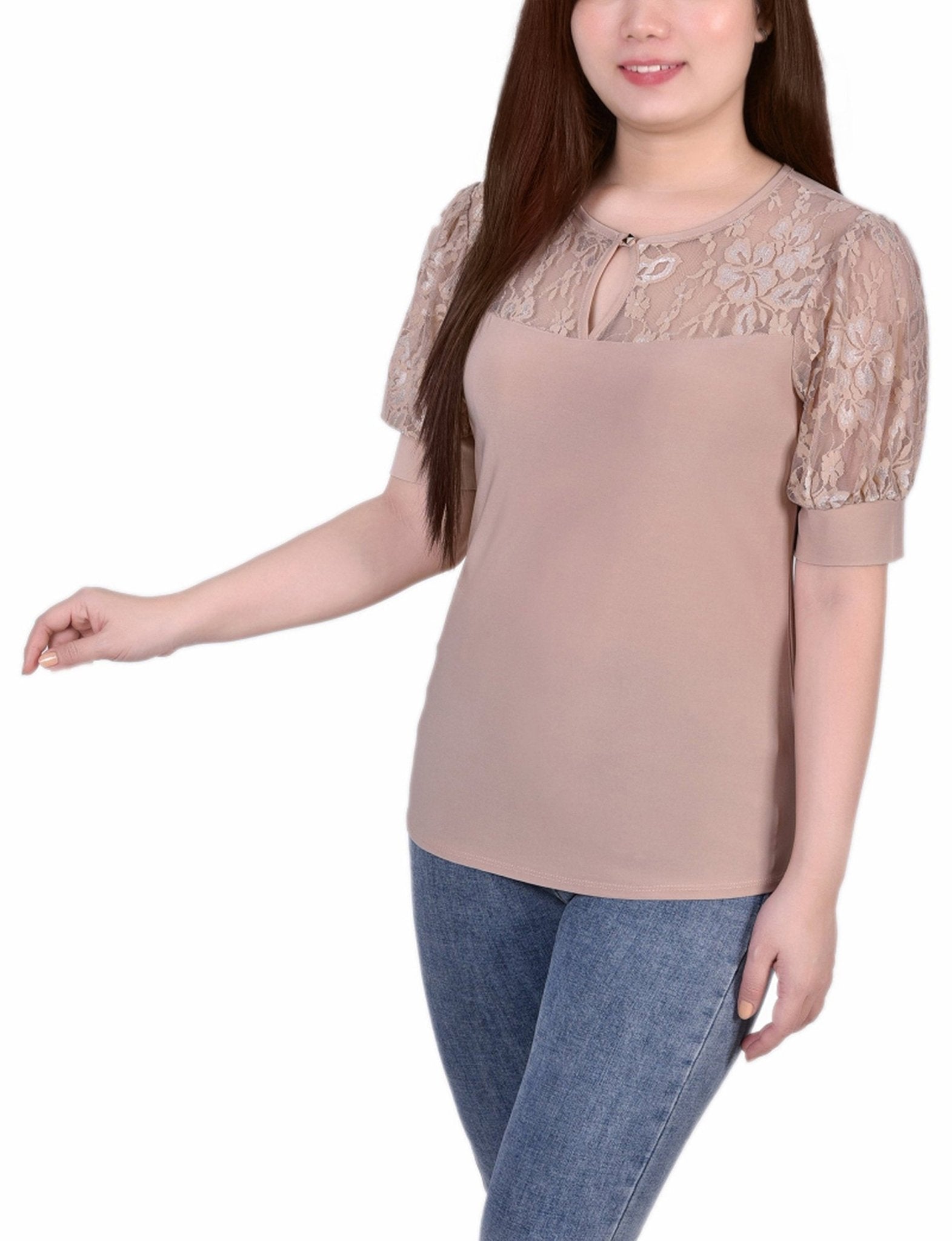 Doeskin Short Puff Sleeve Top With Lace Sleeves And Yoke - DressbarnBlouses