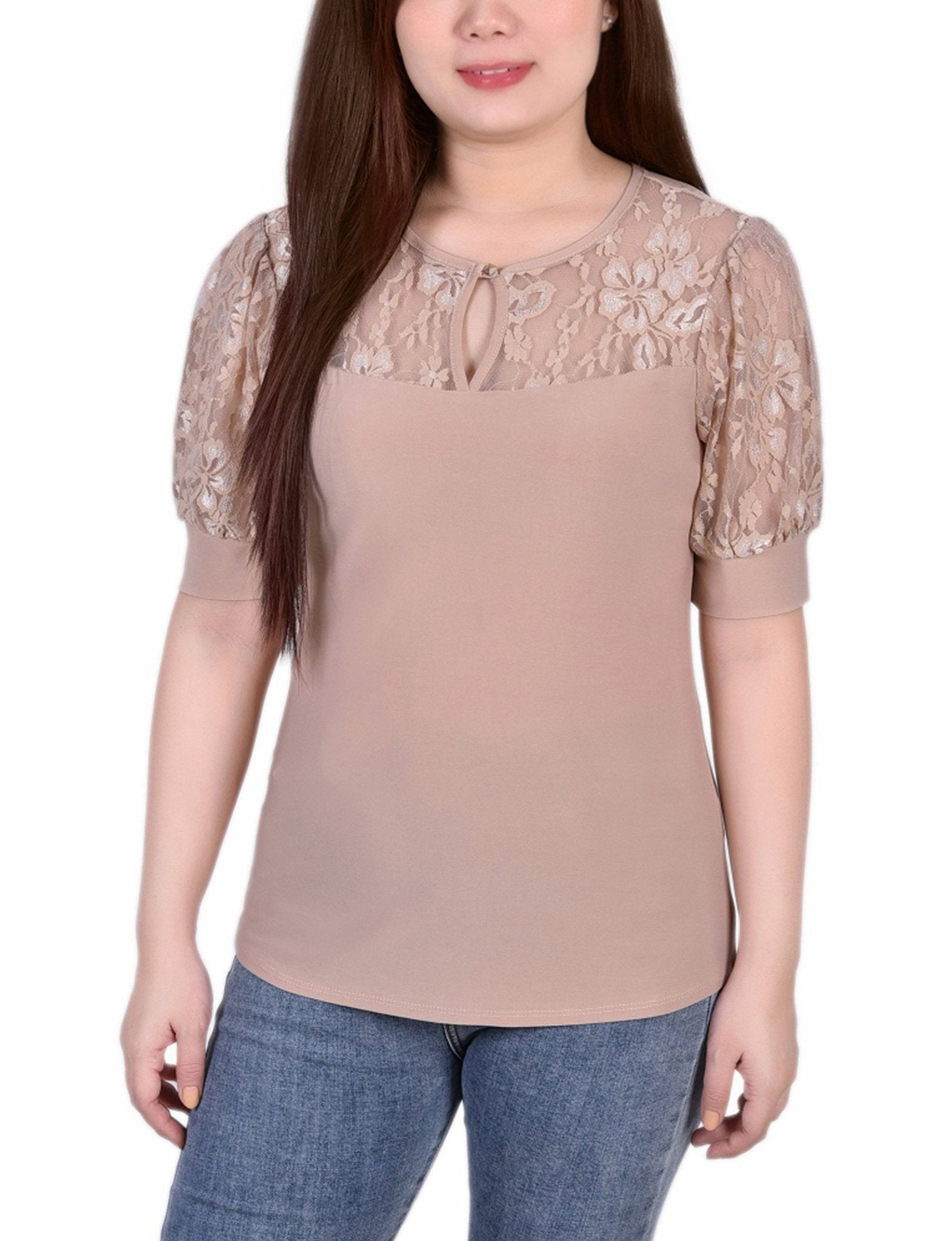 Doeskin Short Puff Sleeve Top With Lace Sleeves And Yoke - DressbarnBlouses