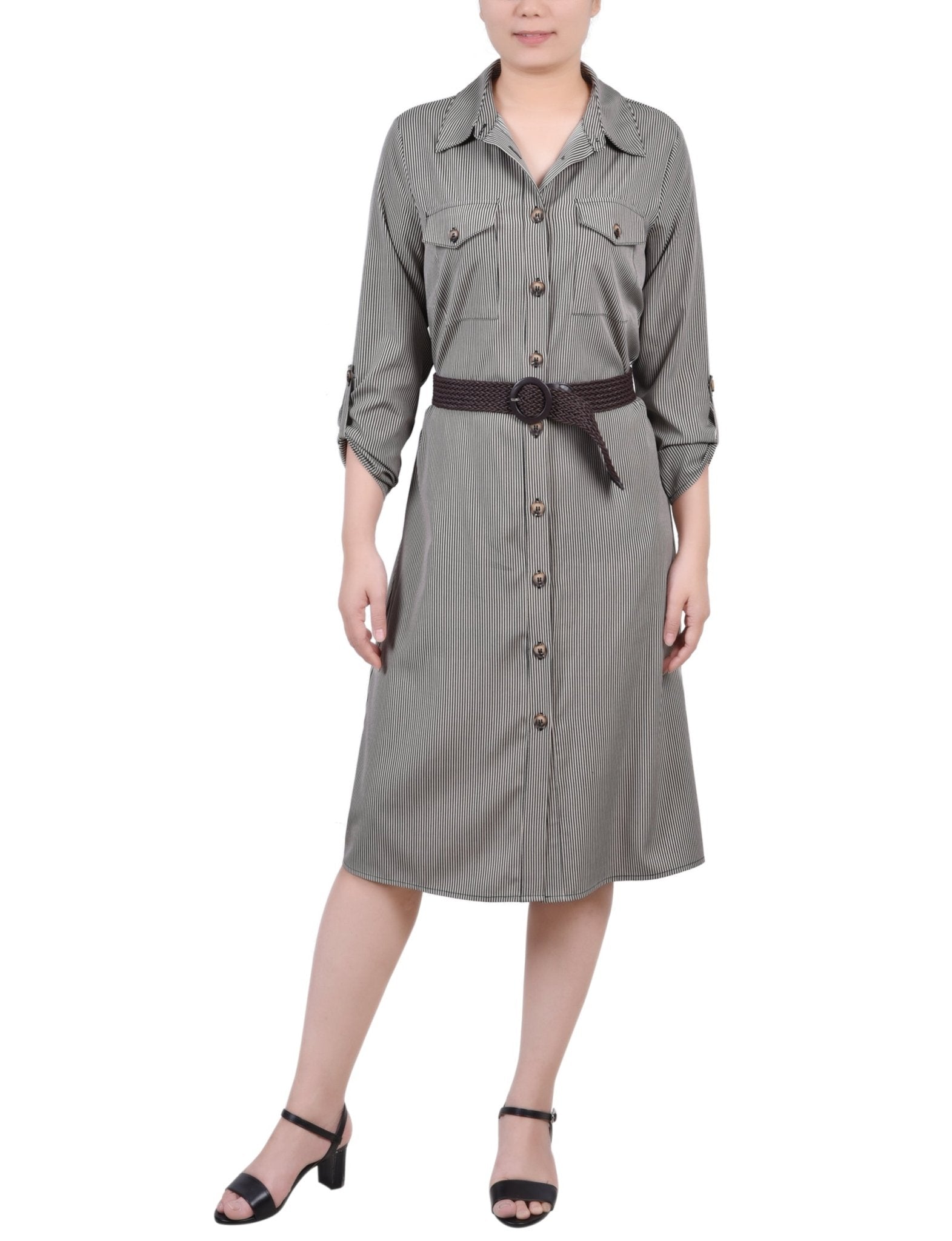 Dynamic Torterella 3/4 Roll Tab Sleeve Shirtdress - Petite - DressbarnKnee Length & Midi Dresses
