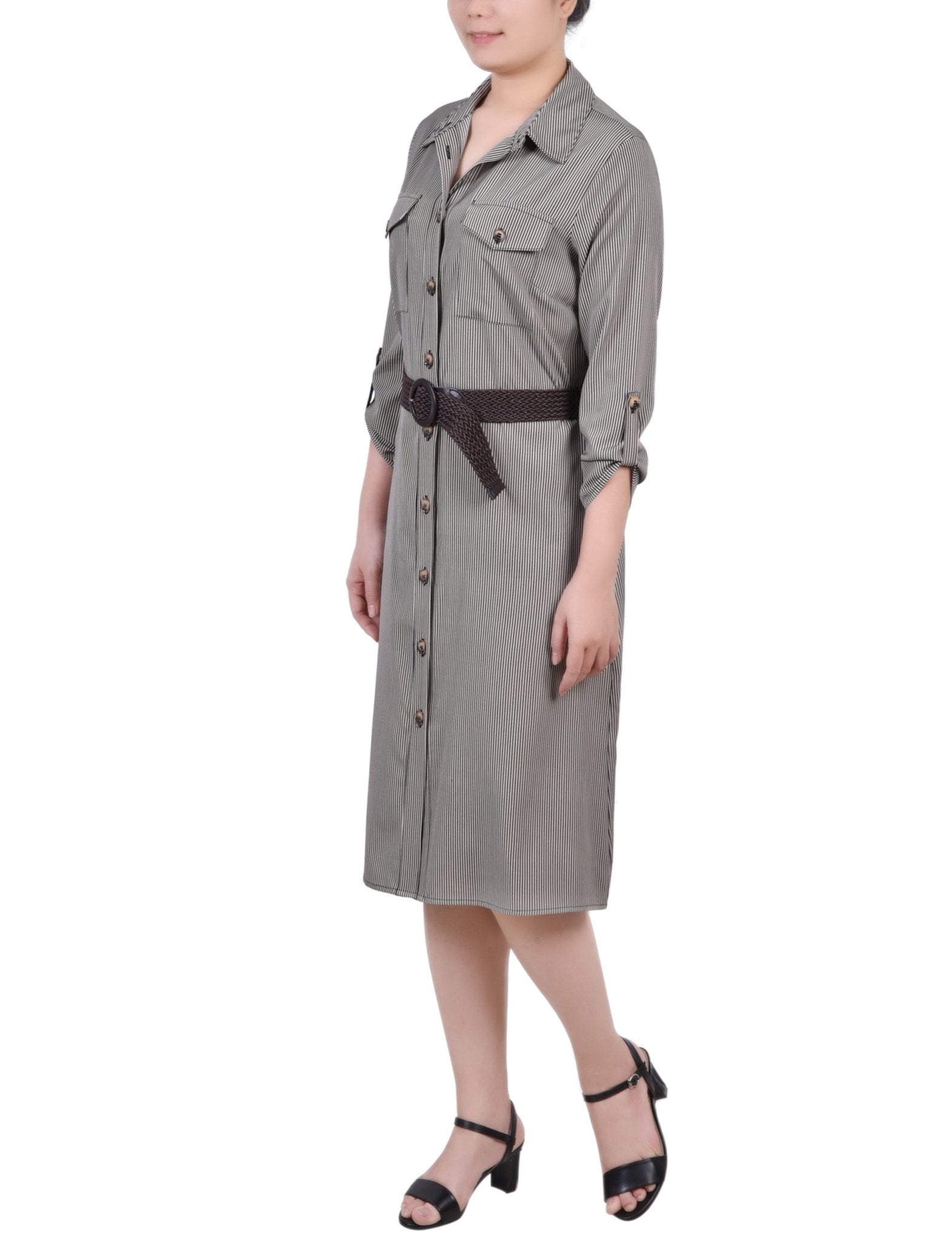 Dynamic Torterella 3/4 Roll Tab Sleeve Shirtdress - Petite - DressbarnKnee Length & Midi Dresses
