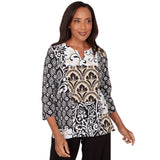Alfred Dunner Geometric Scroll Patchwork Split Neck Top- Petite