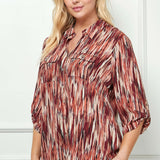 3/4 Button Tab Sleeve Johnny Collar Patch Pockets Button Front Blouse - Plus