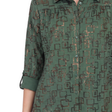 NY Collection Petite 3/4 Sleeve Roll Tab Foil Print Blouse