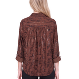 NY Collection Petite 3/4 Sleeve Roll Tab Foil Print Blouse