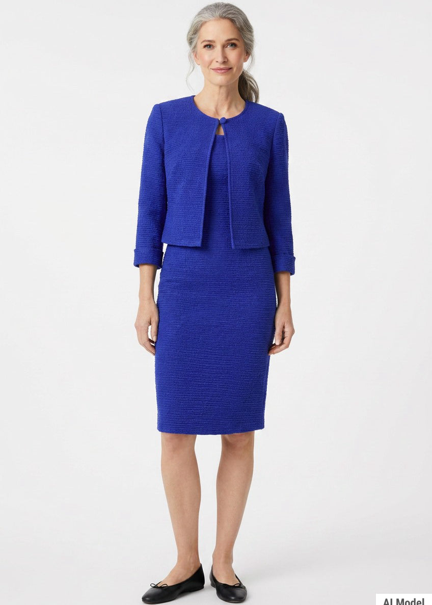 Older woman with gray hair wearing a royal blue textured knit 2-piece dress set with cropped 3/4-sleeve jacket and