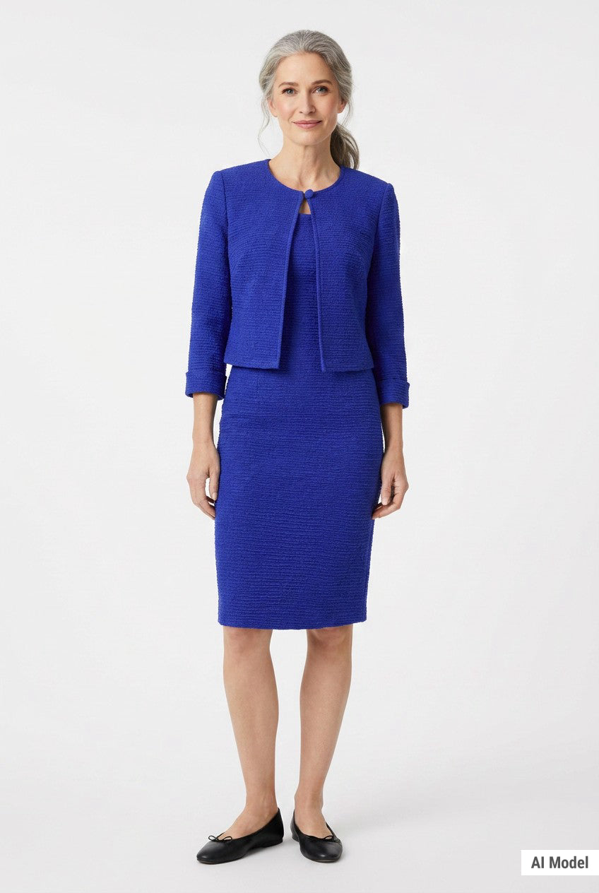 Older woman with gray hair wearing a royal blue textured knit 2-piece dress set with cropped 3/4-sleeve jacket and