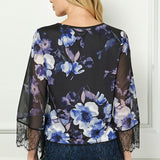 3/4 Flare Lace Trim Sleeve Scoop Neck Peekaboo Lace Trim Lining Mix Media Blouse