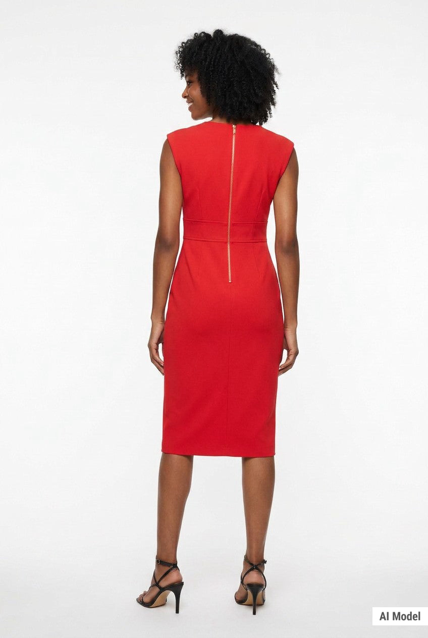 Back view of a Black woman wearing a red sleeveless sheath dress with gold back zipper and waist seam, midi length, paired