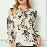 3/4 Ruffle Sleeve V-Neck Mix Media Blouse with Scarf
