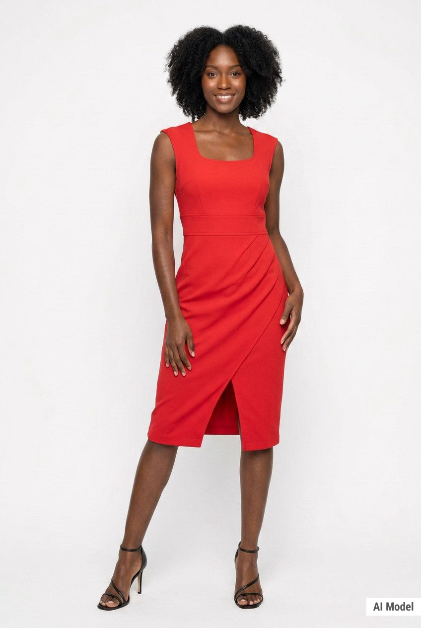 Red sleeveless square-neck sheath dress with high-waist band, faux-wrap pleating, and front slit, worn by a Black female