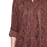 NY Collection 3/4 Sleeve Roll Tab Foil Print Blouse