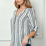 3/4 Button Tab Sleeve Button Placket Front V-Neck Popover Blouse