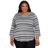 Alfred Dunner Textured Stripe Knit Top with Necklace - Grey - Plus