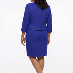 Woman wearing a sapphire blue textured knit 2-piece jacket and pencil skirt set with 3/4 sleeves; back view, plus size