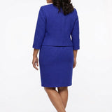 Woman wearing a sapphire blue textured knit 2-piece jacket and pencil skirt set with 3/4 sleeves; back view, plus size