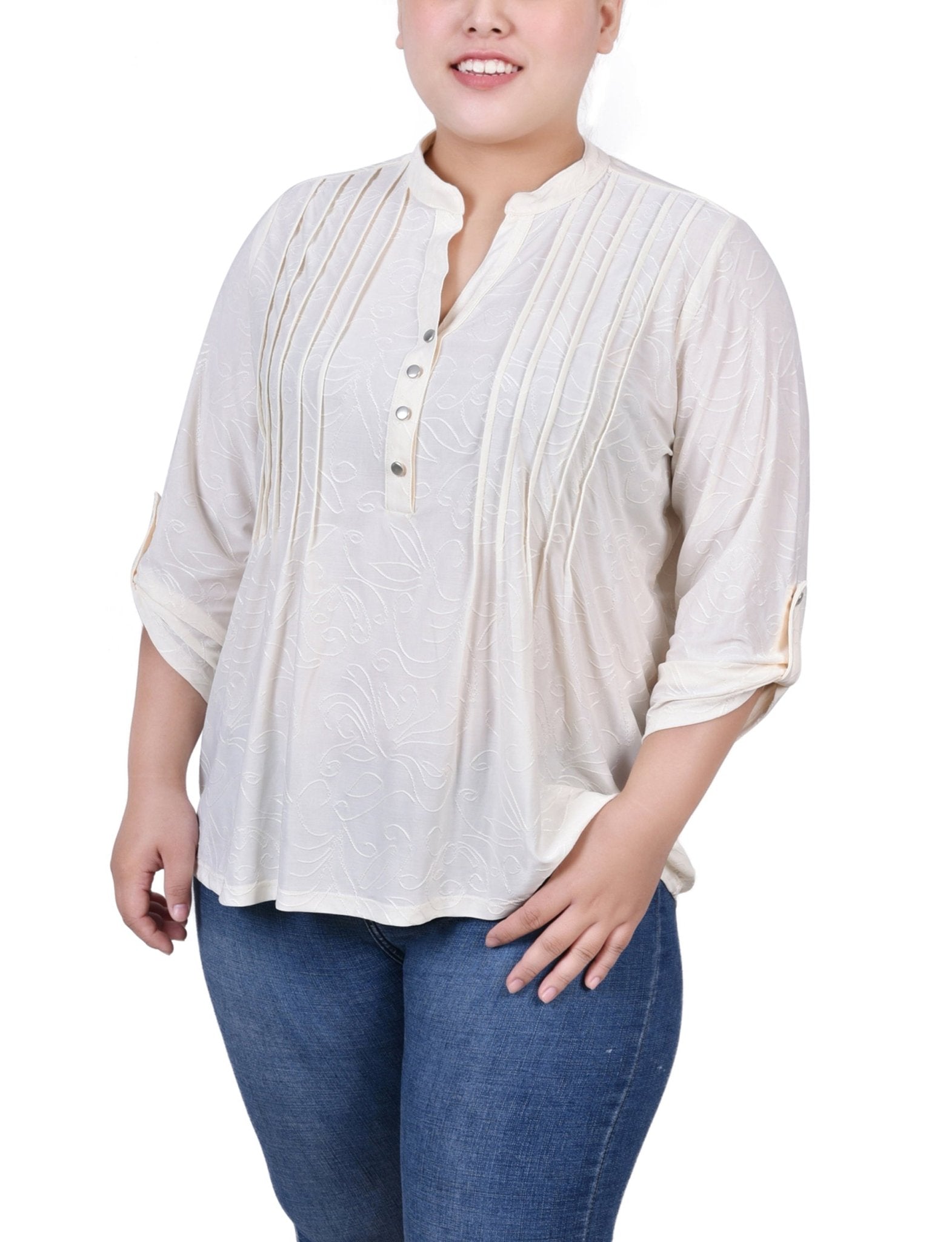Egret 3/4 Roll Tab Pullover Top - Plus - DressbarnBlouses