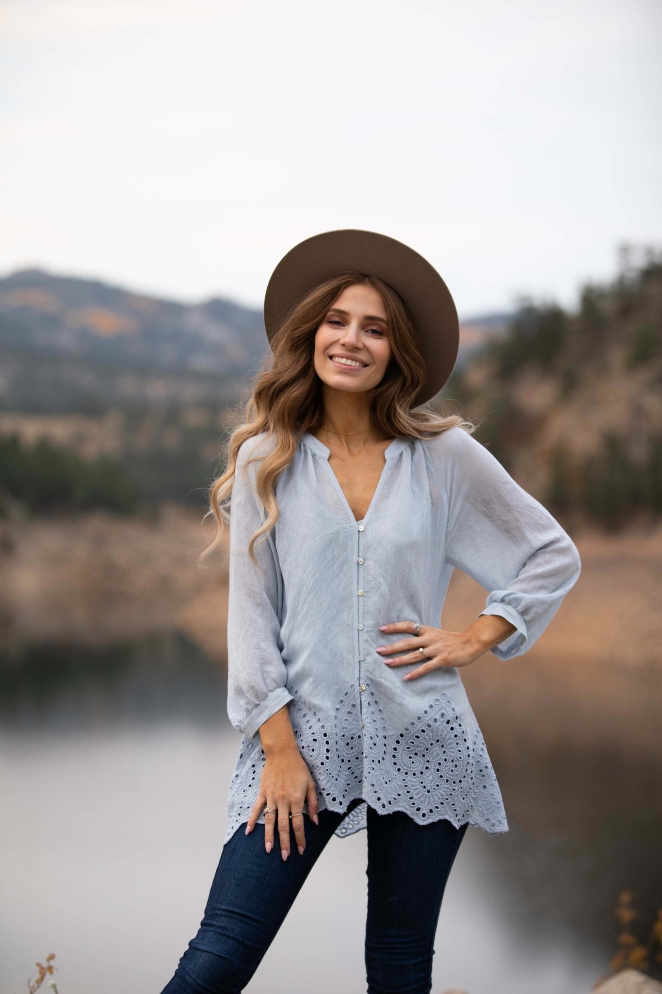 Embroidered Button Front Three Quarter Sleeves Blouse - DressbarnShirts & Blouses