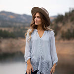 Embroidered Button Front Three Quarter Sleeves Blouse - DressbarnShirts & Blouses