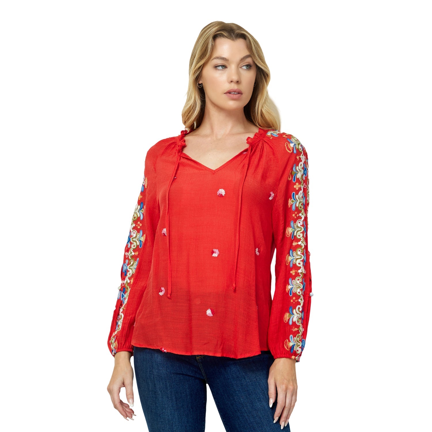 Embroidered Long Sleeve V - Neck Blouse - DressbarnShirts & Blouses