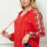 Embroidered Long Sleeve V - Neck Blouse - DressbarnShirts & Blouses