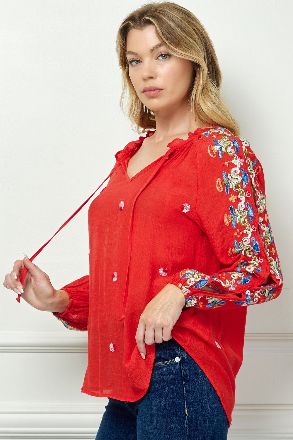 Embroidered Long Sleeve V - Neck Blouse - DressbarnShirts & Blouses