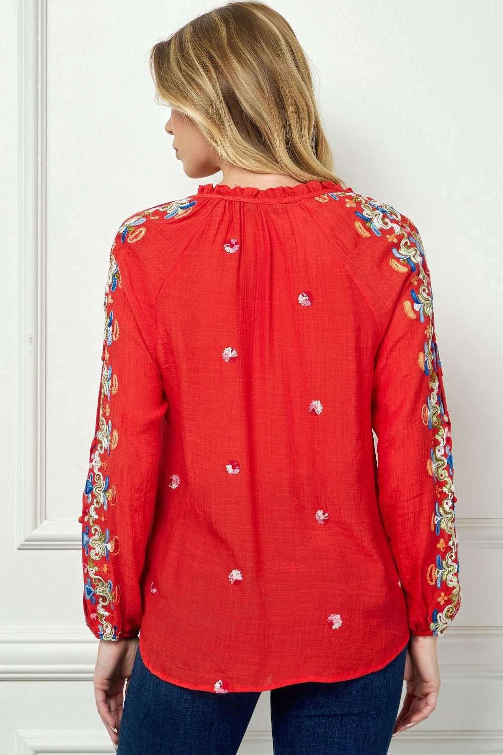 Embroidered Long Sleeve V - Neck Blouse - DressbarnShirts & Blouses