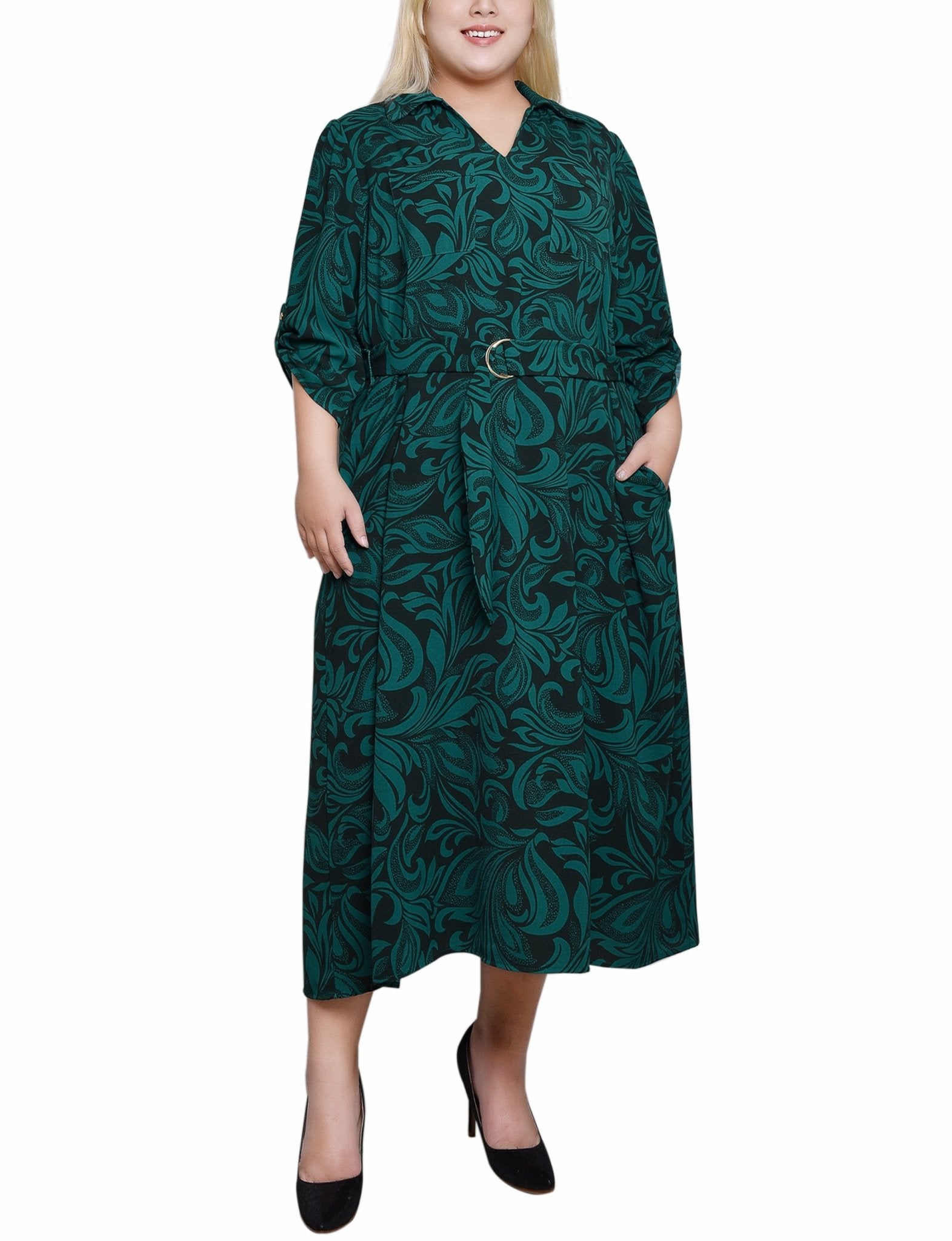 Emerald Multi 3/4 Roll Tab Belted Dress - Plus - DressbarnKnee Length & Midi Dresses