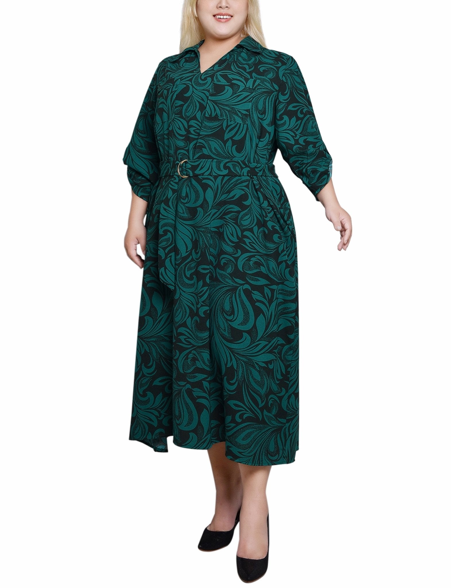 Emerald Multi 3/4 Roll Tab Belted Dress - Plus - DressbarnKnee Length & Midi Dresses