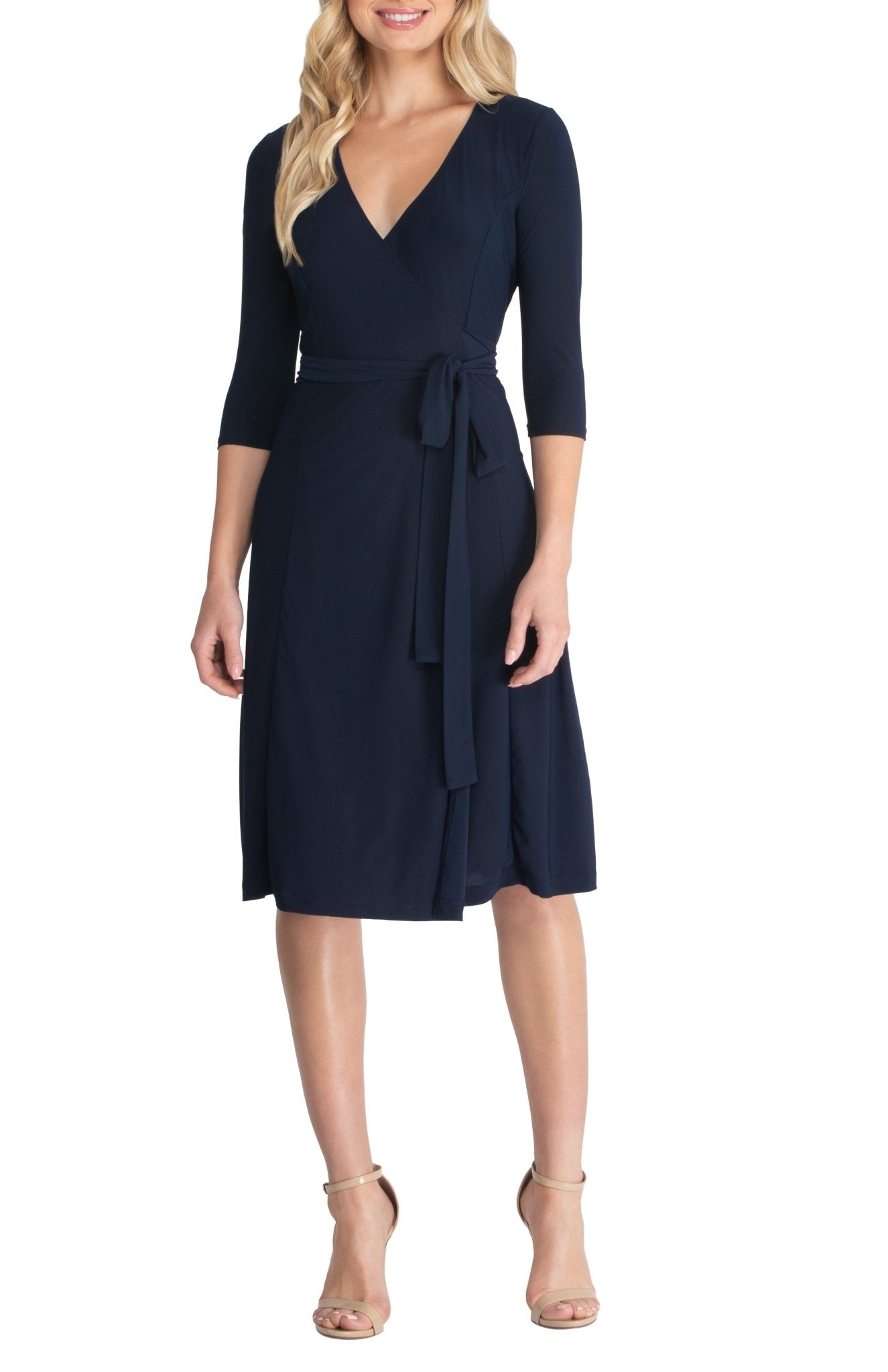 Kiyonna Women's Essential Wrap Dress with 3/4 Sleeves - Nouveau Navy Kiyonna Women's Essential Wrap Dress with 3/4 Sleeves - Nouveau Navy
