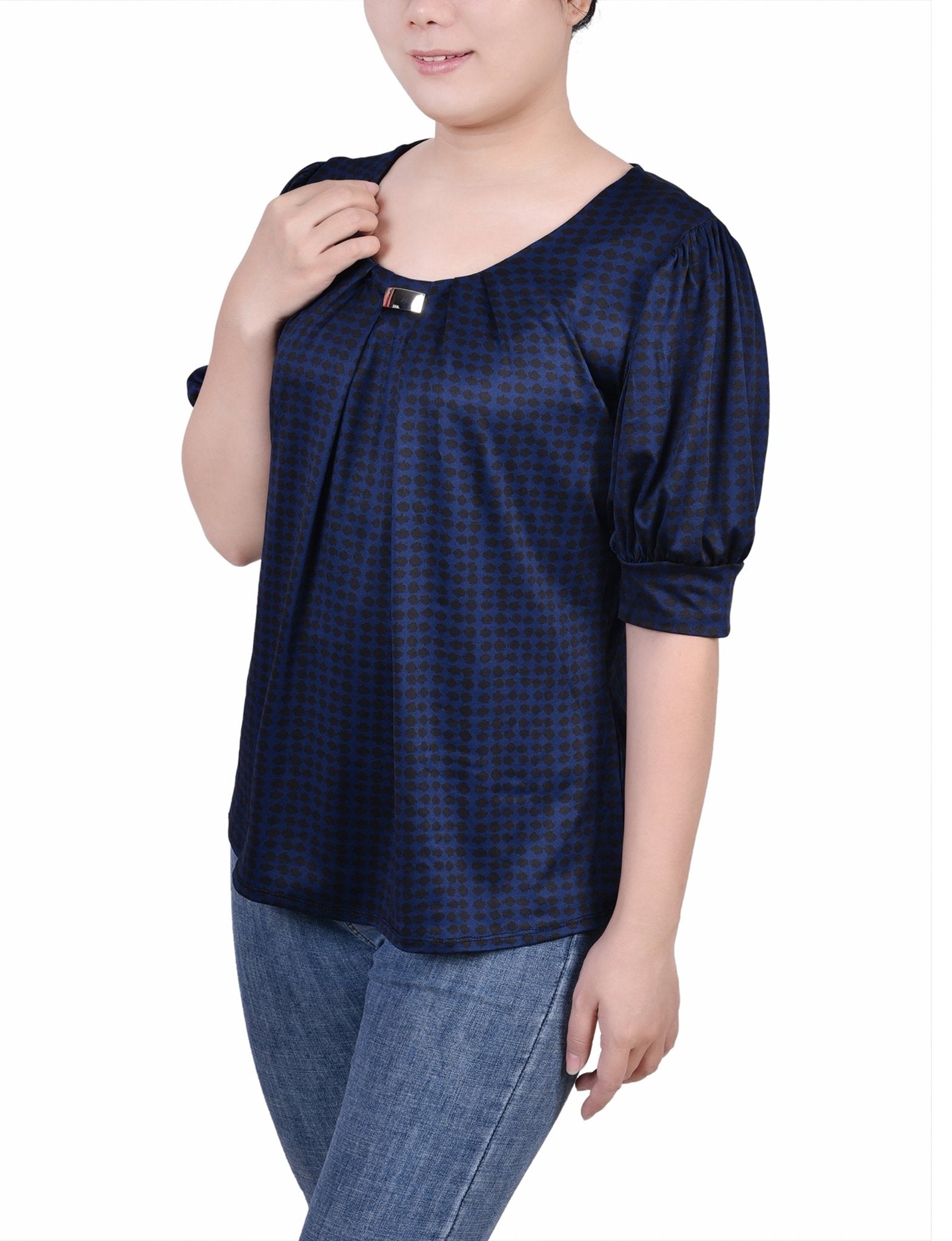 Estate Blue Snowpop Short Sleeve Balloon Sleeve Top - Petite - DressbarnBlouses