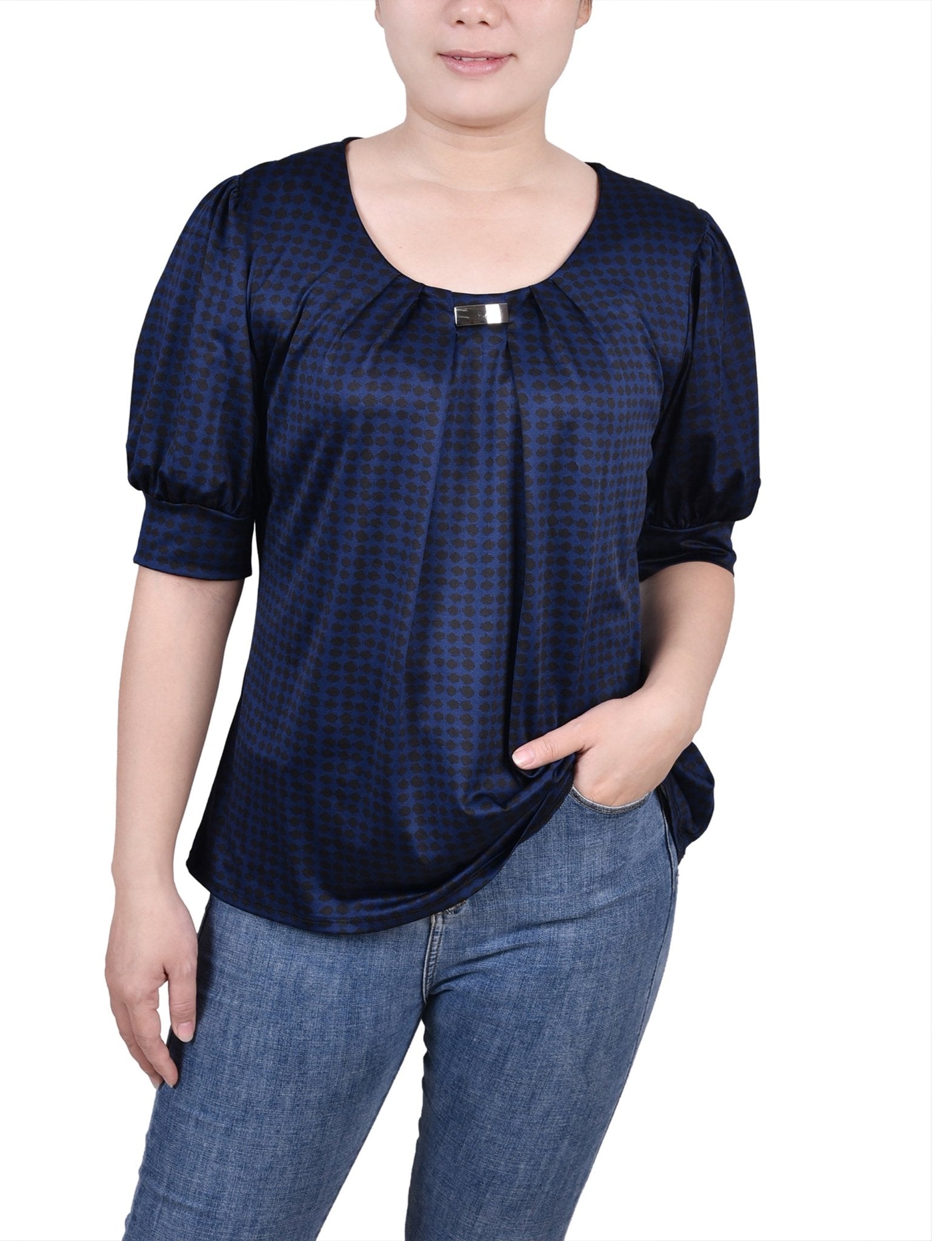 Estate Blue Snowpop Short Sleeve Balloon Sleeve Top - Petite - DressbarnBlouses