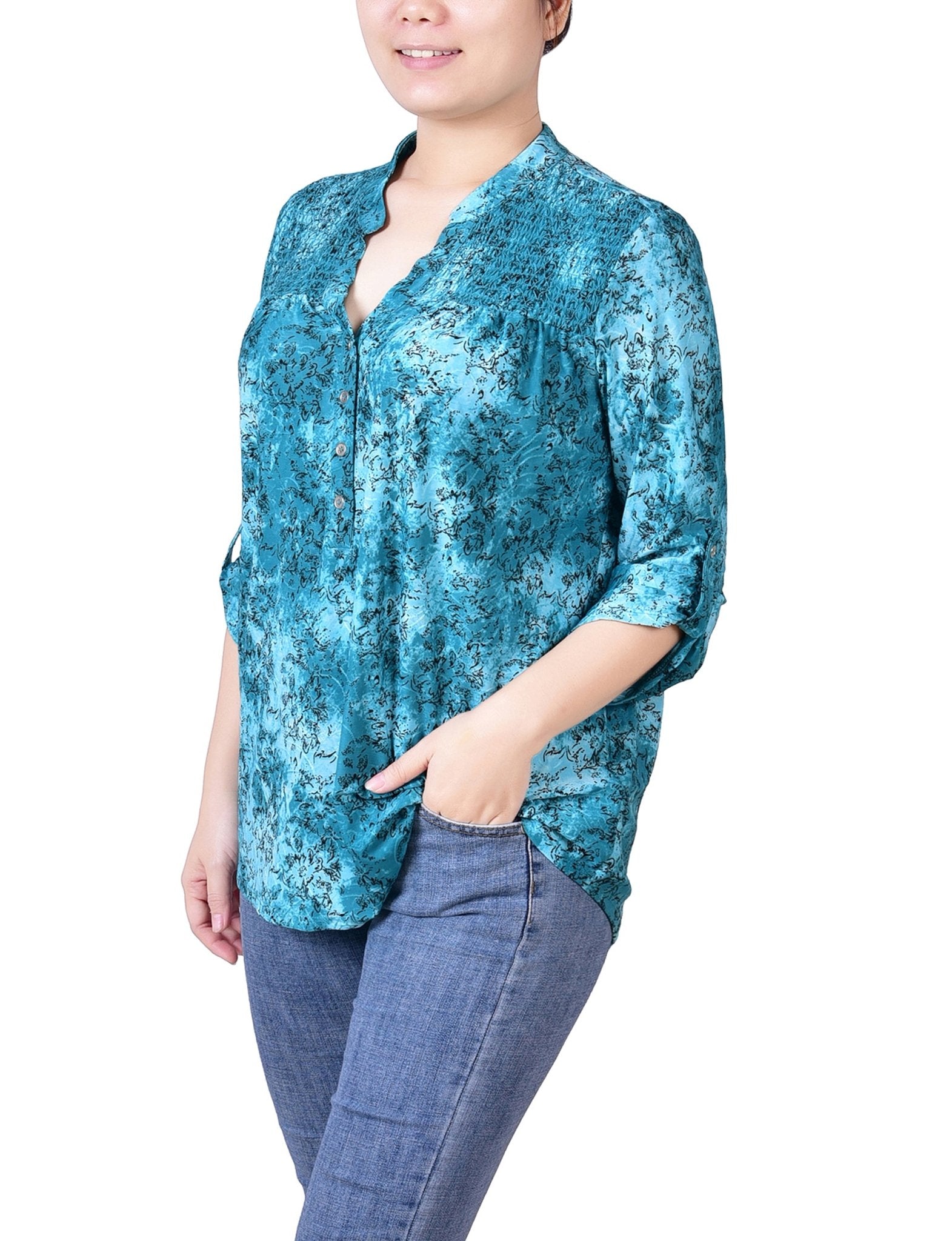 Etch Green 3/4 Roll Tab Sleeve Smocked - Yoke Top - Petite - DressbarnBlouses