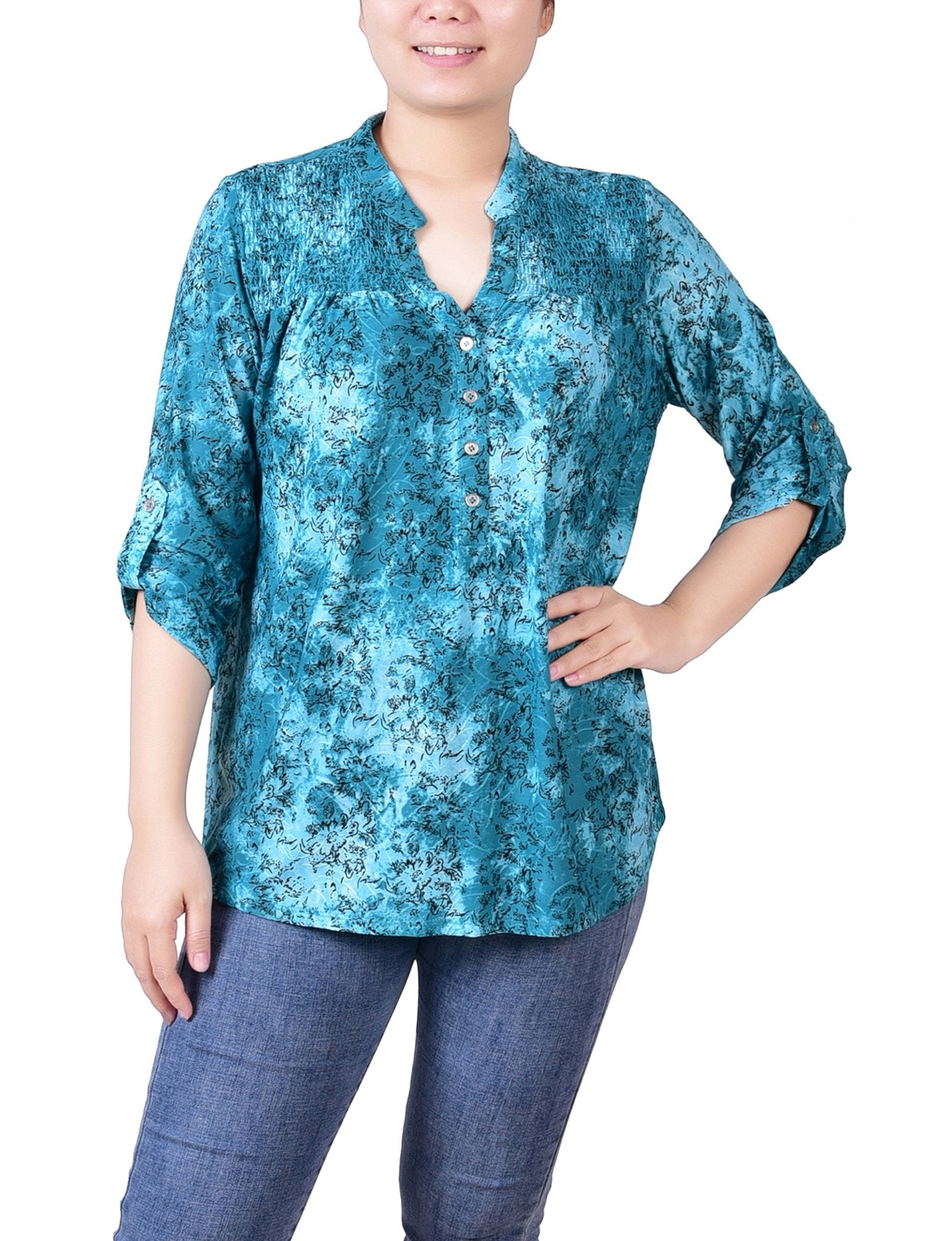 Etch Green 3/4 Roll Tab Sleeve Smocked - Yoke Top - Petite - DressbarnBlouses