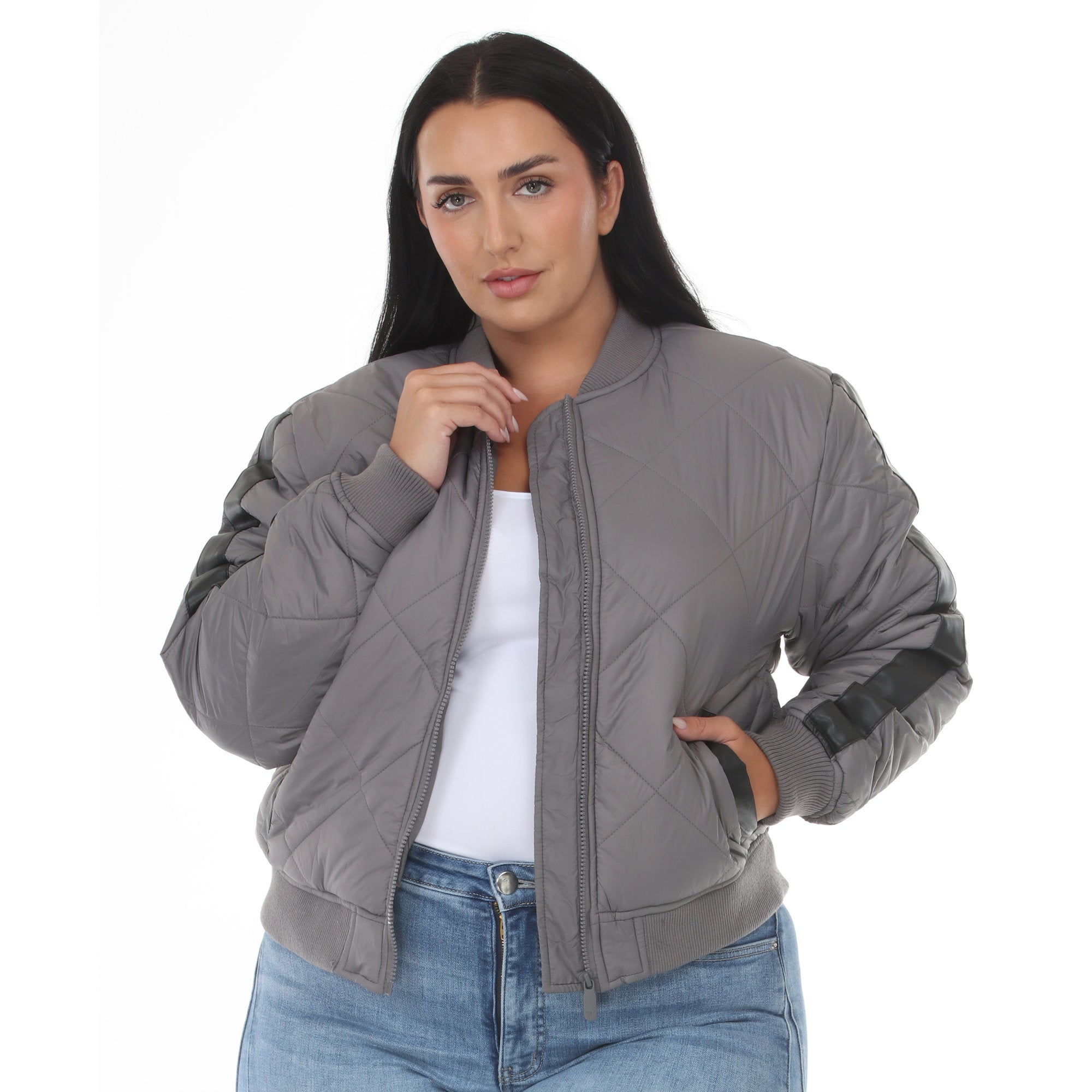 Plus Size Quilted Zip-Front Bomber Jacket