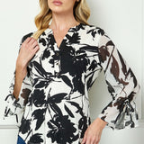 3/4 Ruffle Tie Sleeve Button Front Placket Mandarin Collar Mix Media Popover Blouse