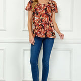 Short Flutter Sleeve Cutout Trim Front Neck Blouse