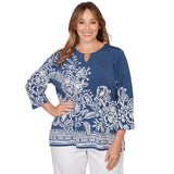 Alfred Dunner Floral Border Embroidered Split Neck Top - Plus