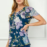 Short Flutter Sleeve Cutout Trim Front Pleat Scoop Neck Lined Blouse
