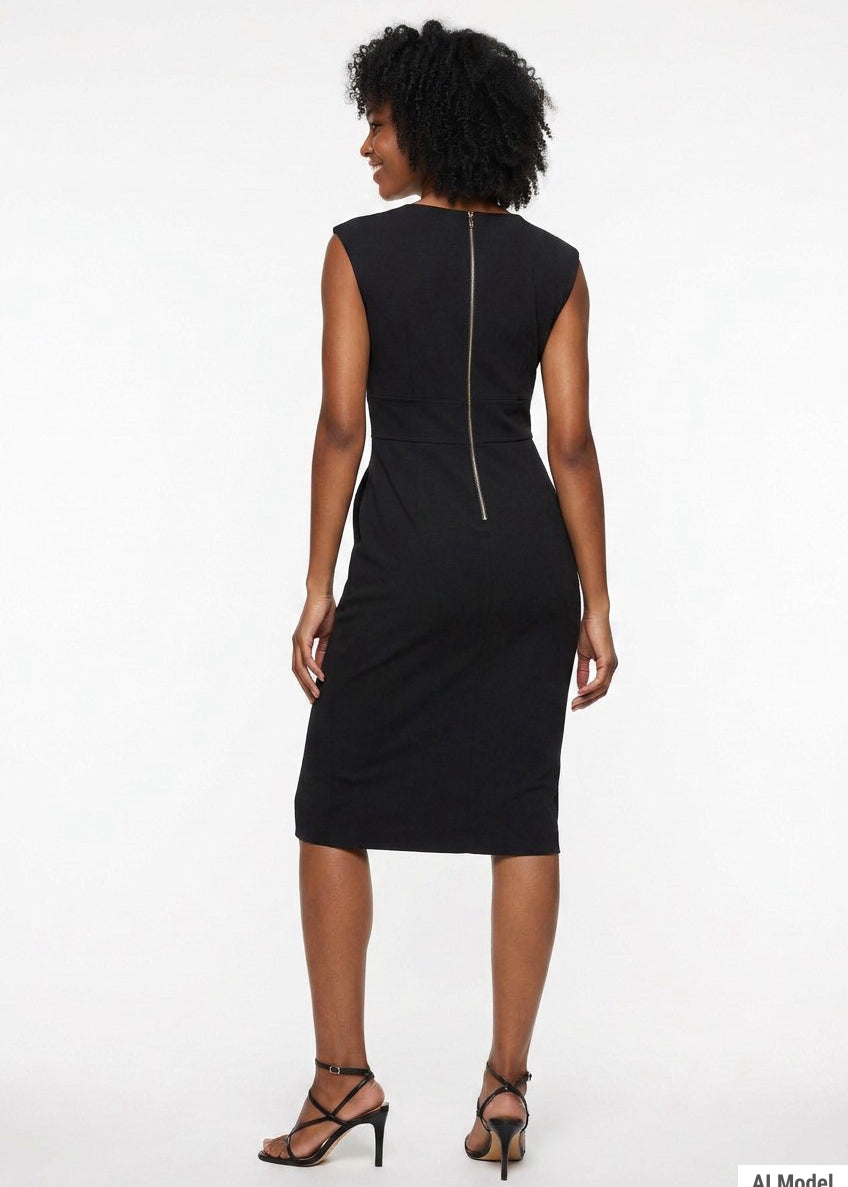Black sleeveless sheath dress with back center zipper, shown from behind on a woman with curly hair wearing strappy heels,