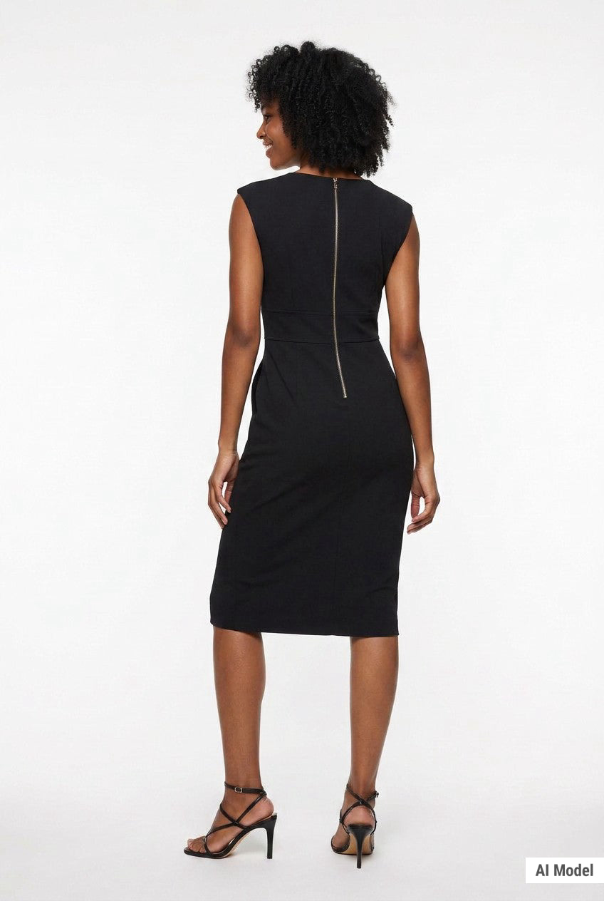Black sleeveless sheath dress with back center zipper, shown from behind on a woman with curly hair wearing strappy heels,